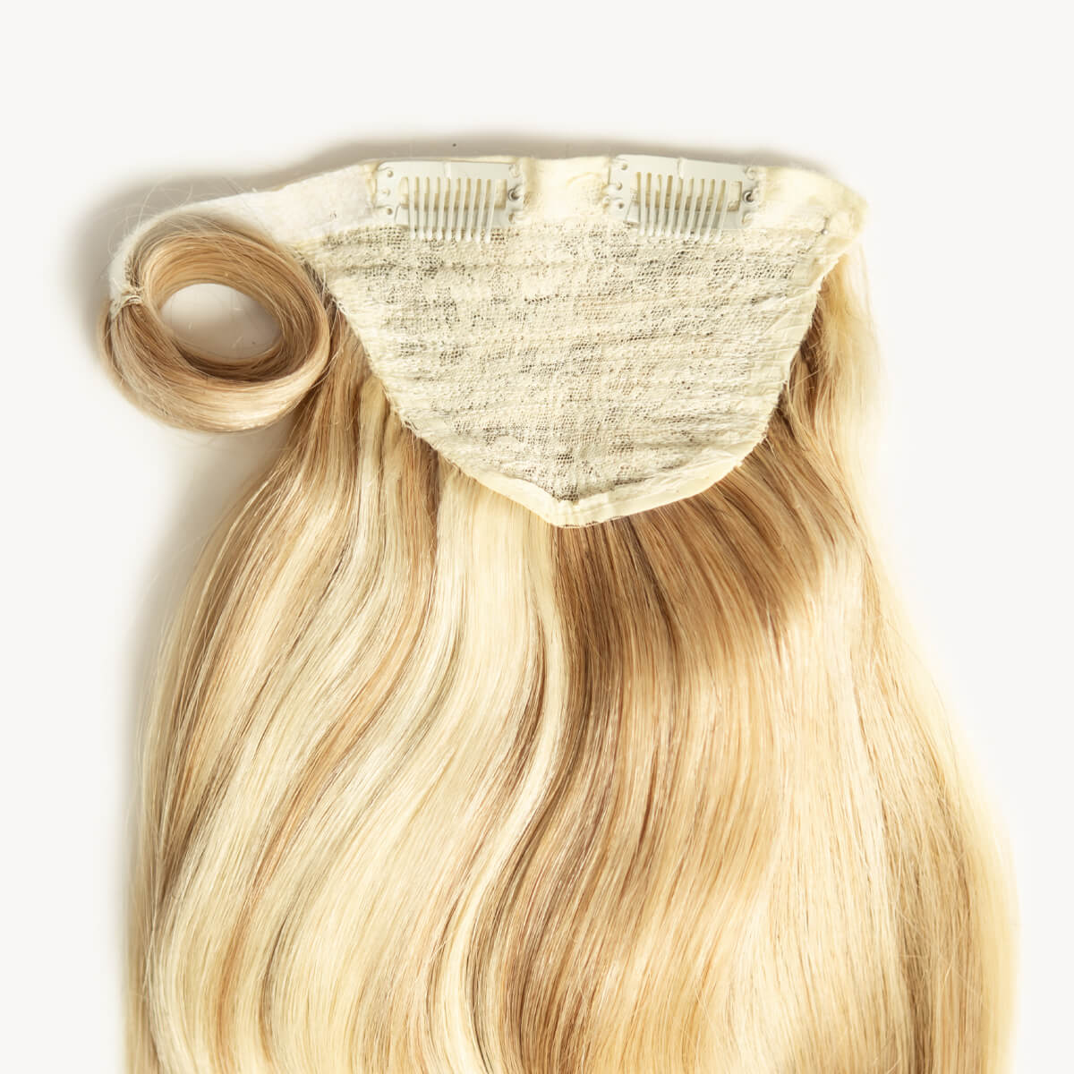 Beach blonde highlighted 16 inch clip-in ponytail extensions human hair P613-18