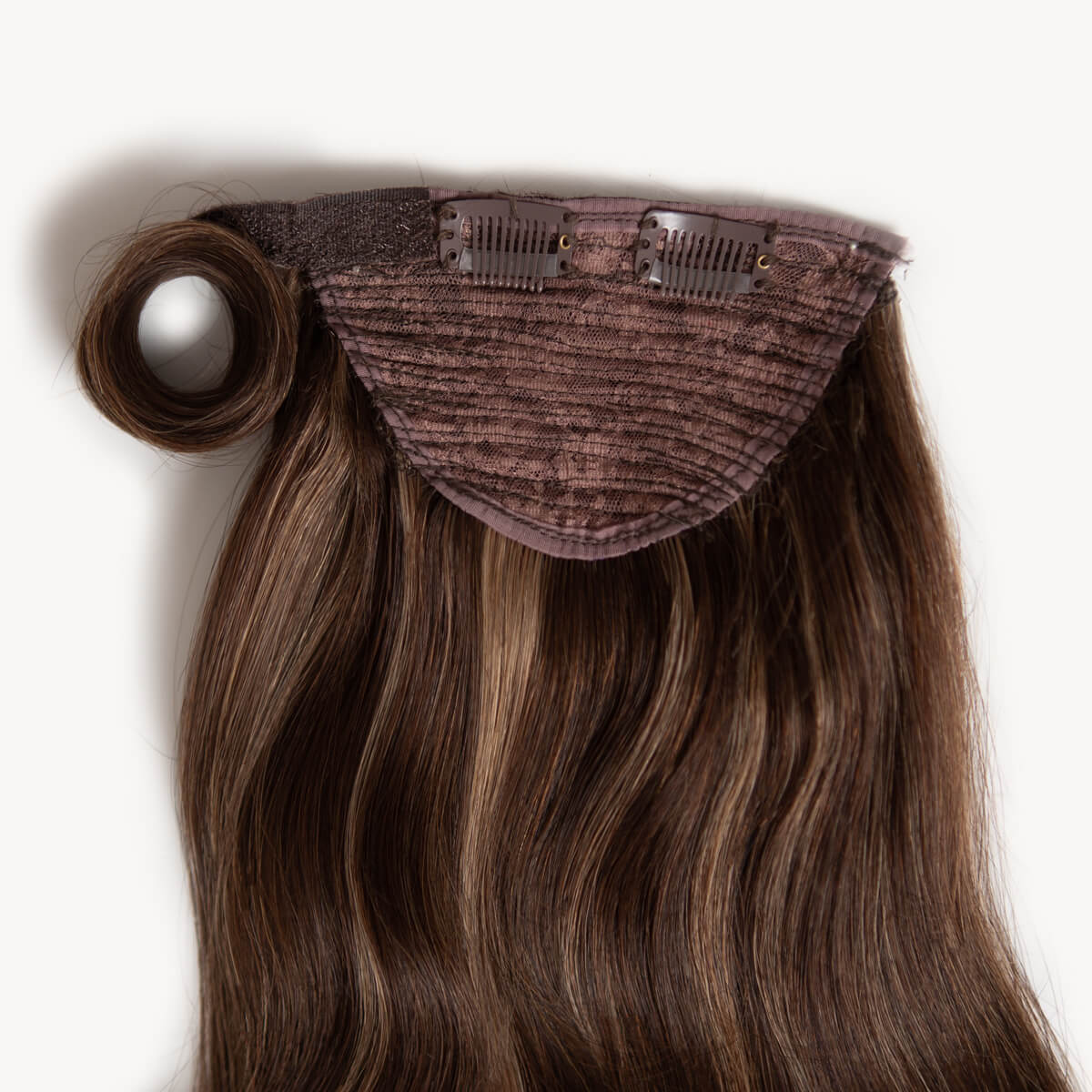 Subtle brunette highlighted 16 inch clip-in ponytail extensions human hair PP2-6