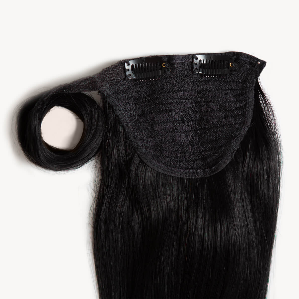 Jet black 16 inch clip-in ponytail extensions human hair 1