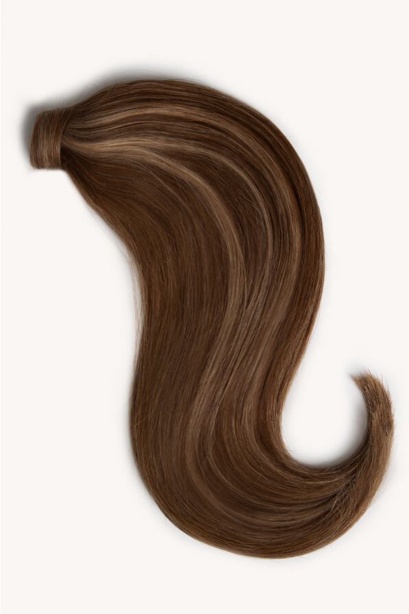 Brown blonde highlighted 16 inch clip-in ponytail extensions human hair PP4-18