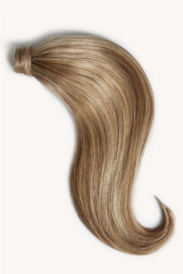 Medium blonde highlighted 16 inch clip-in ponytail extensions human hair P6-16-613