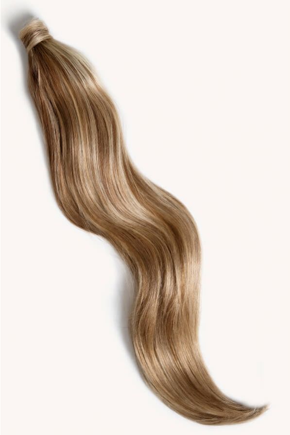 Medium blonde highlighted 32 inch clip-in ponytail extensions human hair P6-16-613