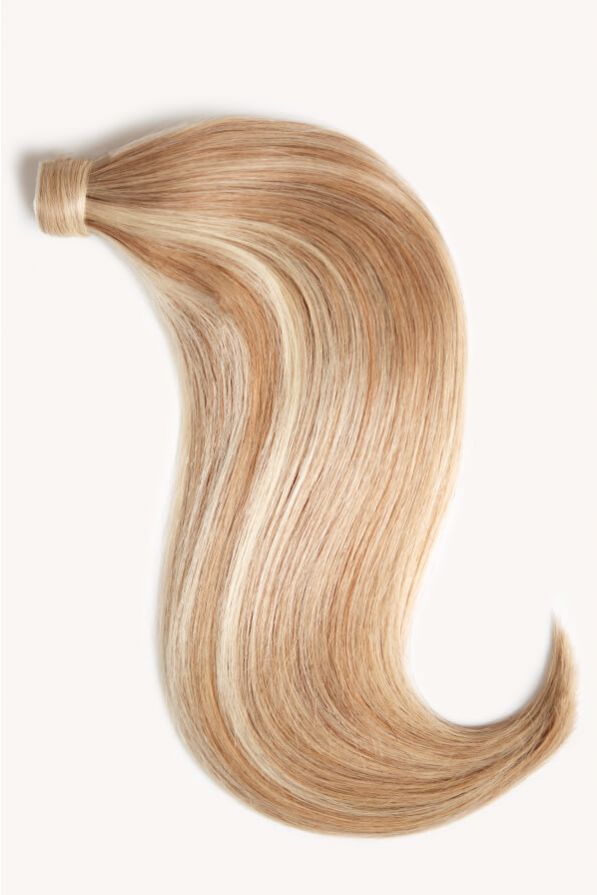 Warm blonde highlighted 16 inch clip-in ponytail extensions human hair F60-27A
